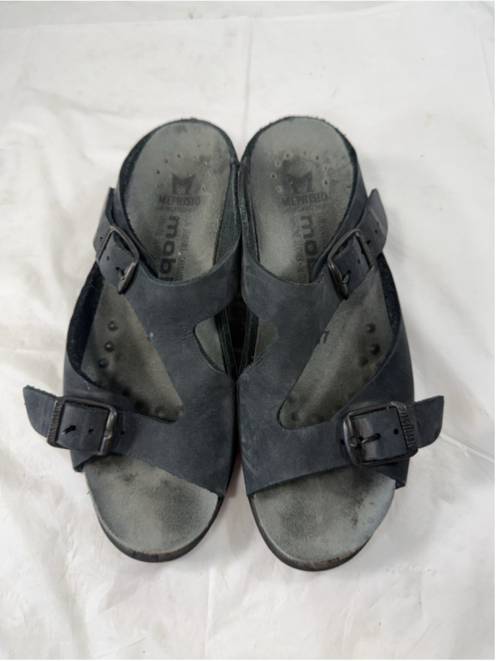 Mephisto Mobils Women 37 Black Nubuck Leather 2 Strap Wedge Sandal Slide Size 6